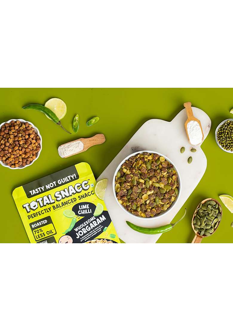 Total Snacc Wholesome Jorgaram Lime Chilli (125g x 4 Packs) | High Protein 19g | High Fibre 12g | Roasted Not Fried | 70% Less Oil | No Palm Oil | Baked Namkeen Mix | Healthy Snacks | No Preservatives | Zero Cholestrol | Diabetic Friendly | a mix of chana - Indya
