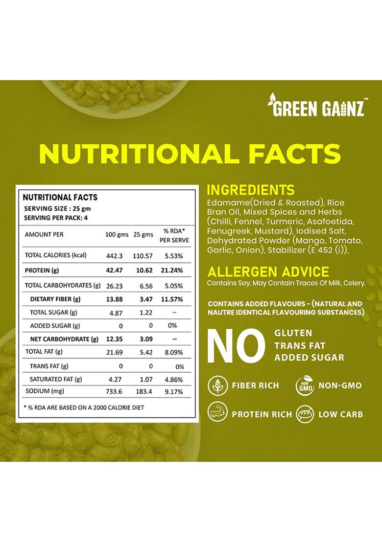 Green Gainz Roasted Edamame Achaari Flavour 100gm | Healthy Namkeen Snacks | 100% Veg Protein Rich Snack | Fiber Rich | No Palm Oil | Roasted, Not Fried - Indya
