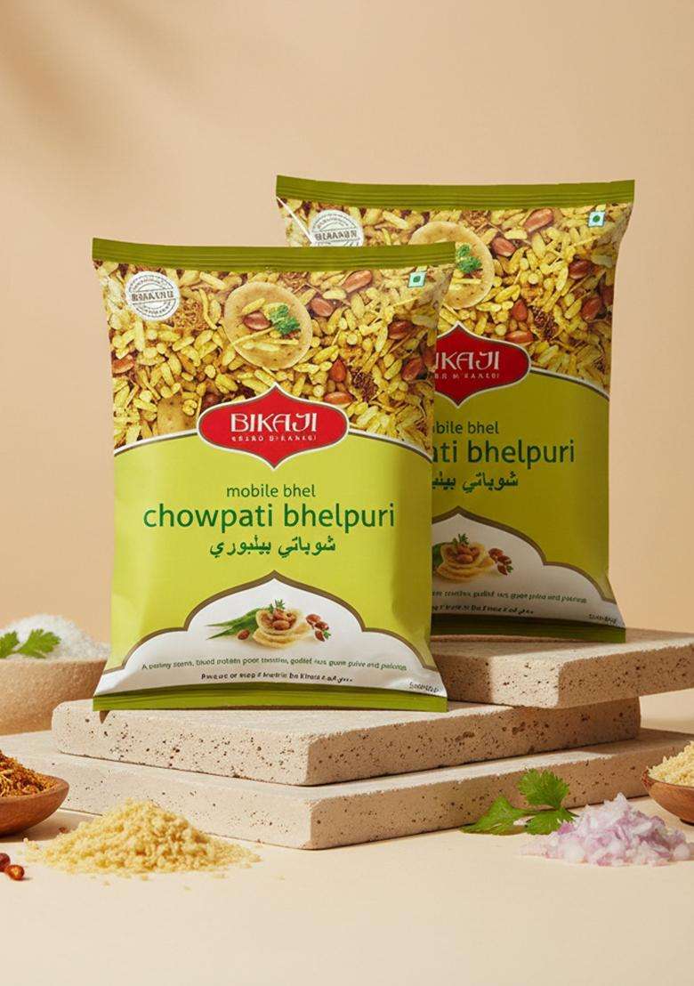 Bikaji crispy crunchy 100% vegetarian Chowpati bhelpuri open mix &eat now bhelpuri bhel (pack of 2pcs ) each pack 300 grm - Indya