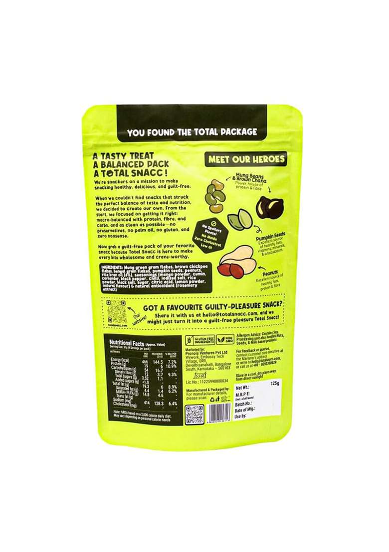 Total Snacc Wholesome Jorgaram Lime Chilli (125g x 4 Packs) | High Protein 19g | High Fibre 12g | Roasted Not Fried | 70% Less Oil | No Palm Oil | Baked Namkeen Mix | Healthy Snacks | No Preservatives | Zero Cholestrol | Diabetic Friendly | a mix of chana - Indya