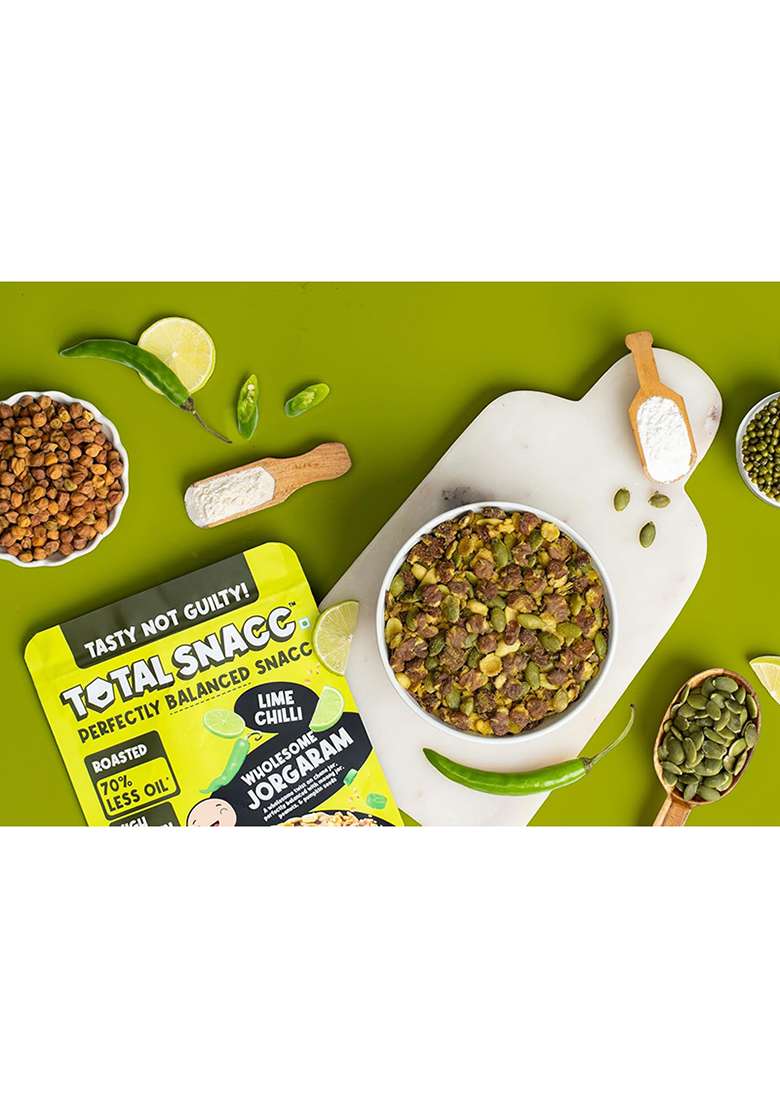 Total Snacc Wholesome Jorgaram Lime Chilli (125g x 4 Packs) | High Protein 19g | High Fibre 12g | Roasted Not Fried | 70% Less Oil | No Palm Oil | Baked Namkeen Mix | Healthy Snacks | No Preservatives | Zero Cholestrol | Diabetic Friendly | a mix of chana - Indya