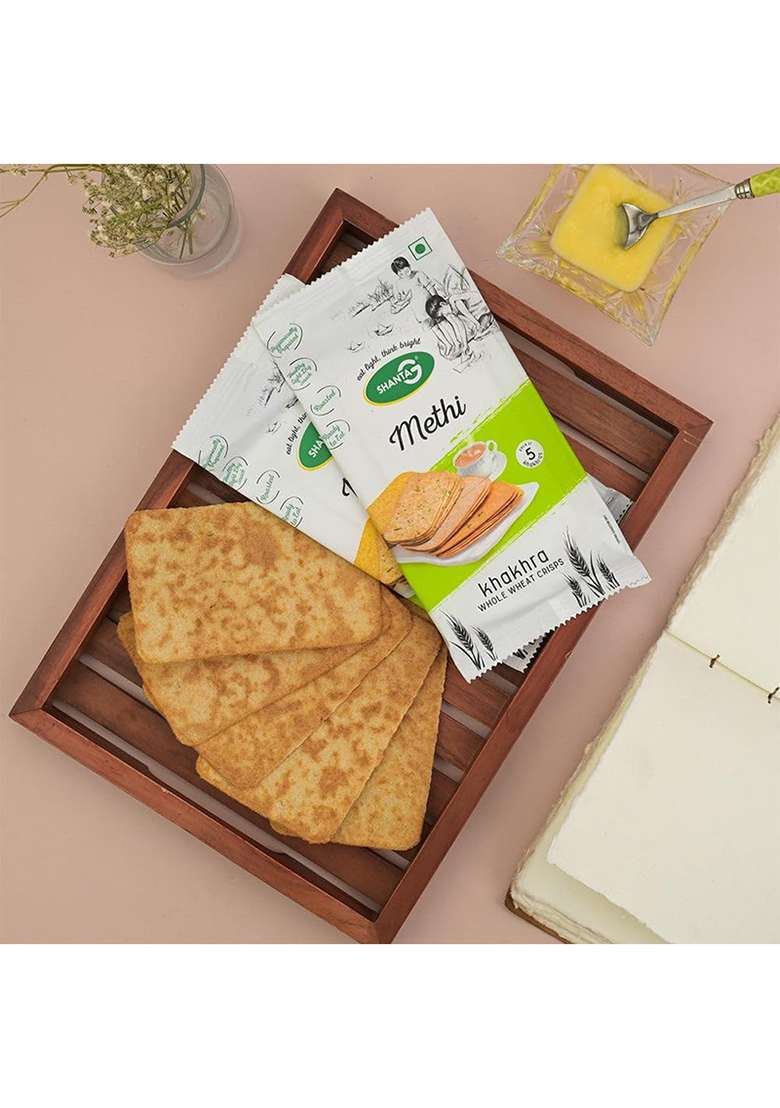 Shanta G ShantaG Methi Whole Wheat Khakhra | Healthy Roasted Gujarati Snack | Light, Crispy & Guilt-Free | Perfect Tea Time & Travel Snack | Diet-Friendly & High Fiber | 200g Pack(Pack 0f 8) - Indya