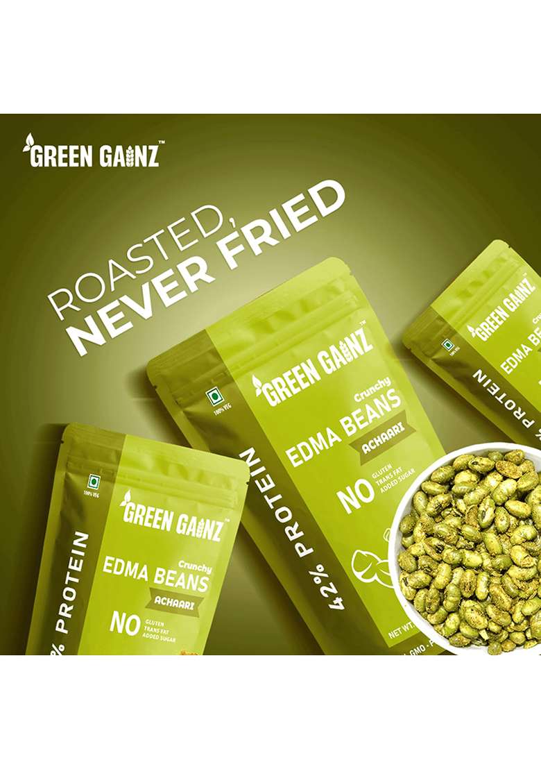 Green Gainz Roasted Edamame Achaari Flavour 100gm | Healthy Namkeen Snacks | 100% Veg Protein Rich Snack | Fiber Rich | No Palm Oil | Roasted, Not Fried - Indya