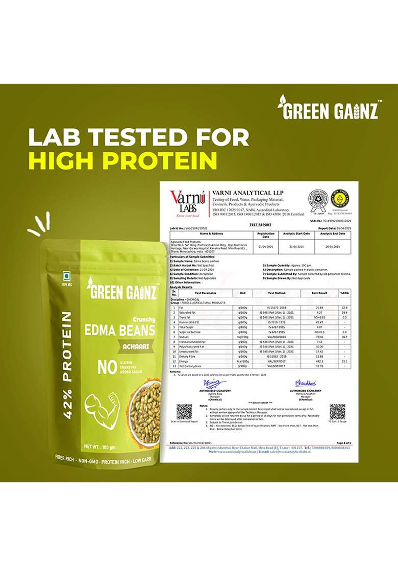 Green Gainz Roasted Edamame Achaari Flavour 100gm | Healthy Namkeen Snacks | 100% Veg Protein Rich Snack | Fiber Rich | No Palm Oil | Roasted, Not Fried - Indya