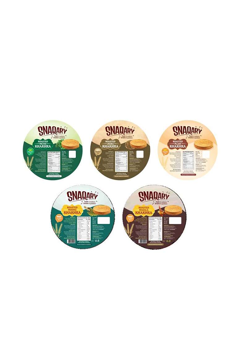 Snaqary Multigrain Khakhra Combo - Methi, Masala, Plain, Moong & Jeera | Wholesome Indian Snacks, 100% Natural, Diet-Friendly Delight (5 Packs, 200g Each) - Indya