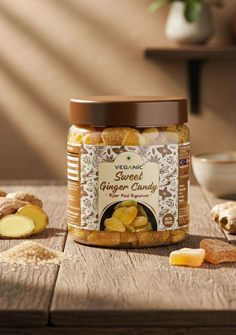 Veganic Organic Sweet Ginger Slice | Dried Ginger Candy | Adrak Slices/Candy Mouth Freshener/Mukhwas (100 grams) - Indya