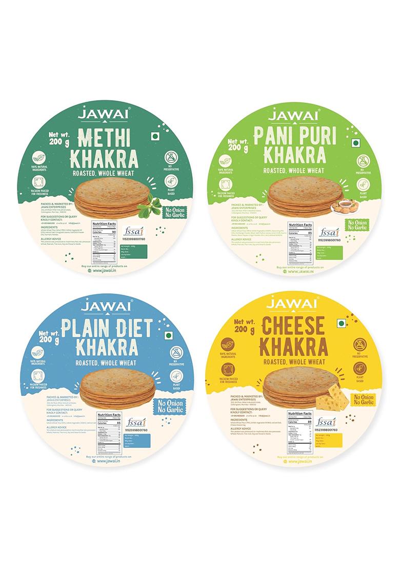 Jawai Roasted Whole Wheat Khakra Combo Plain Diet, Methi, Cheese, Pani Puri Khakhra Plant Based, Ready To Eat Healthy Snacks, Vaccum Packed Indian Snacks (Pack Of 4, 200 Gms Each)