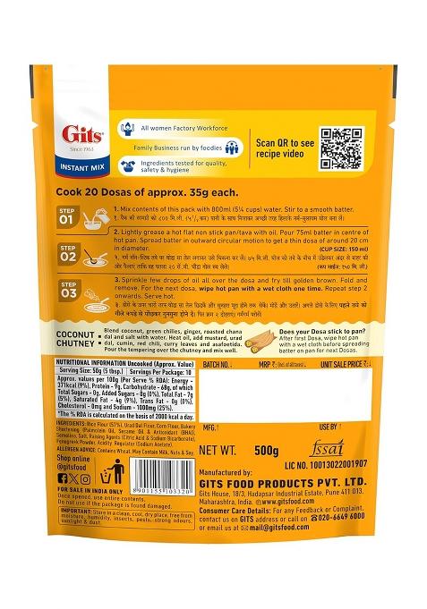 Gits Instant Rice Dosa Breakfast Mix, Makes 20 Per Pack, Pure Veg, South Indian Breakfast Mix, 500G