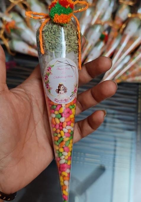 Traditional Indian Confectionery Traditional Wedding Ritual Mouth Freshener Cones, Sweet Fennel Seeds And Candy Sugar, Gold Ribbon Decor, Pack Of 12 X 60 Grams Each (720 Grams For 12)