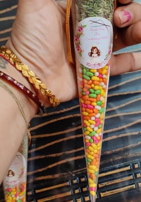 Traditional Indian Confectionery Traditional Wedding Ritual Mouth Freshener Cones, Sweet Fennel Seeds And Candy Sugar, Gold Ribbon Decor, Pack Of 12 X 60 Grams Each (720 Grams For 12)