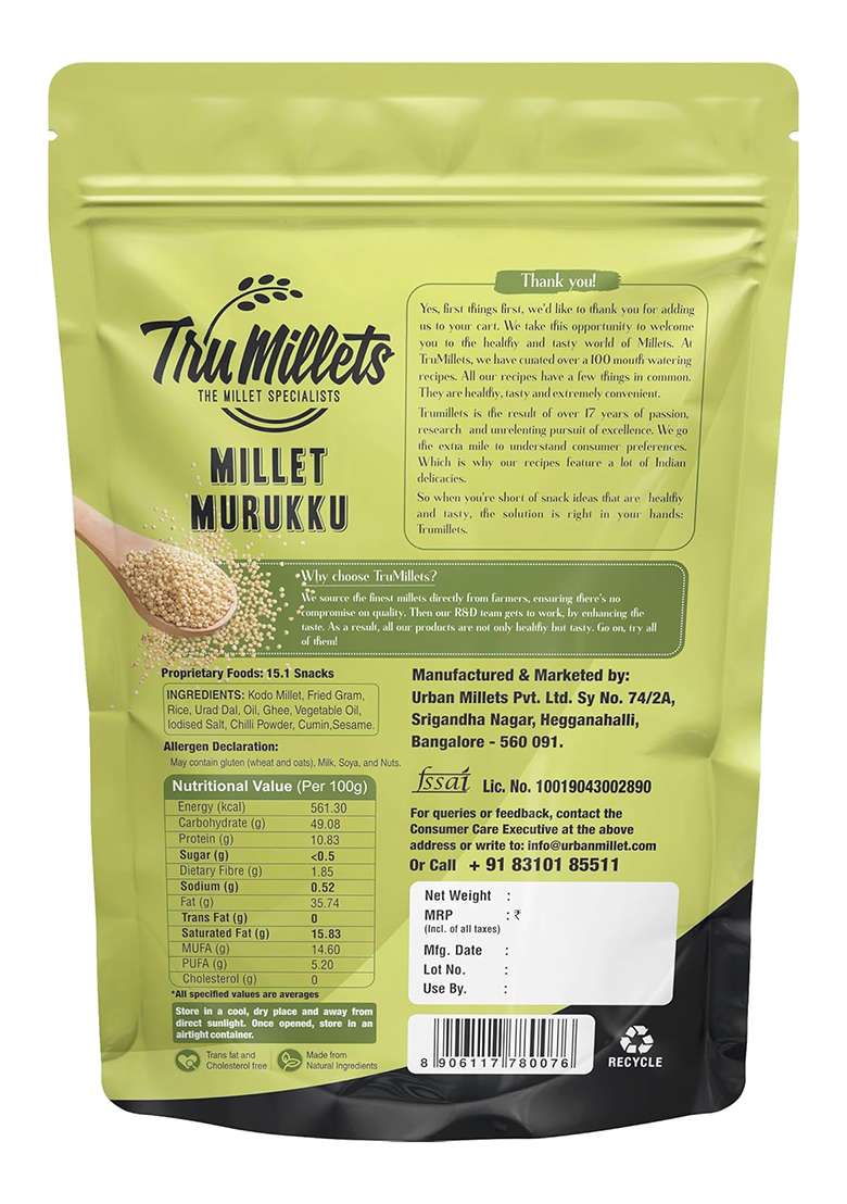 Trumillets Khara Ghee Muruku Snack 125Grm,Made Of Kodo Millet A Nutrientdense Grain No Maida,No Preservatives,High In Protein,Fibre,Iron & Calcium,Chakli,Crispy & Crunchy Teatime Snack, No Palm Oil, Cholesterol Or Trans Fats - Indya