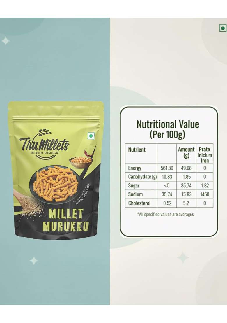 Trumillets Khara Ghee Muruku Snack 125Grm,Made Of Kodo Millet A Nutrientdense Grain No Maida,No Preservatives,High In Protein,Fibre,Iron & Calcium,Chakli,Crispy & Crunchy Teatime Snack, No Palm Oil, Cholesterol Or Trans Fats - Indya