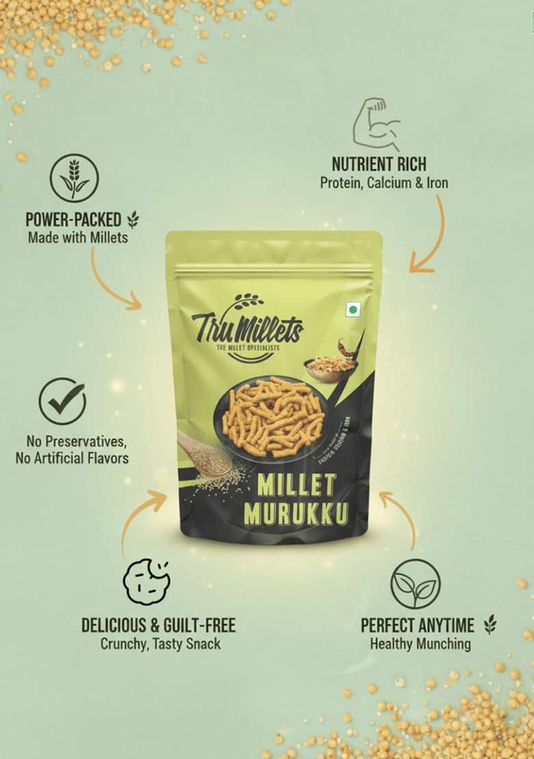 Trumillets Khara Ghee Muruku Snack 125Grm,Made Of Kodo Millet A Nutrientdense Grain No Maida,No Preservatives,High In Protein,Fibre,Iron & Calcium,Chakli,Crispy & Crunchy Teatime Snack, No Palm Oil, Cholesterol Or Trans Fats - Indya