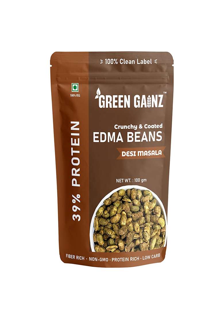 Green Gainz Roasted Edamame New Desi Masala Flavour | Healthy Namkeen Snacks | Protein Rich Snacks | High Protein Clean Label | Protein Rich Namkeen | No Palm Oil (pack of 1-100gm each) - Indya