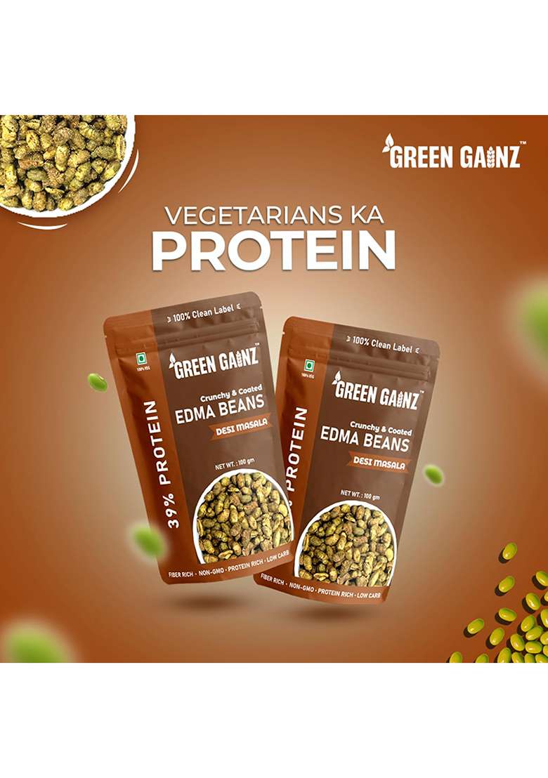 Green Gainz Roasted Edamame New Desi Masala Flavour | Healthy Namkeen Snacks | Protein Rich Snacks | High Protein Clean Label | Protein Rich Namkeen | No Palm Oil (pack of 1-100gm each) - Indya