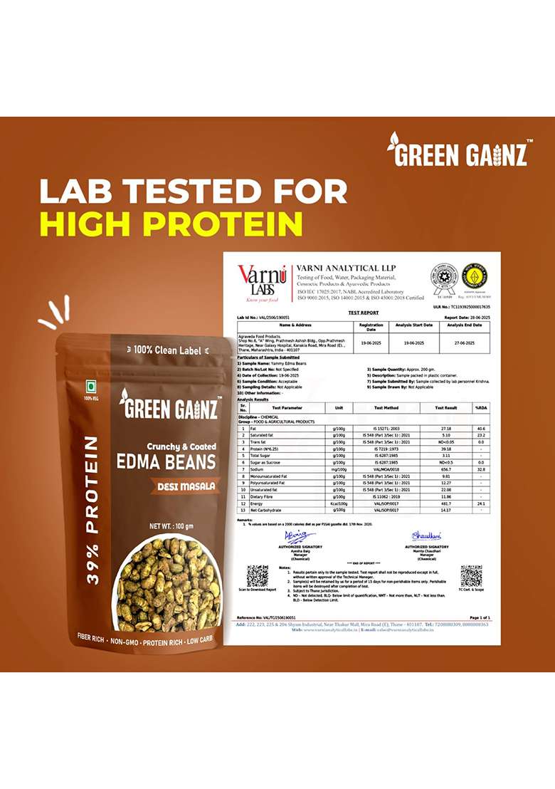 Green Gainz Roasted Edamame New Desi Masala Flavour | Healthy Namkeen Snacks | Protein Rich Snacks | High Protein Clean Label | Protein Rich Namkeen | No Palm Oil (pack of 1-100gm each) - Indya