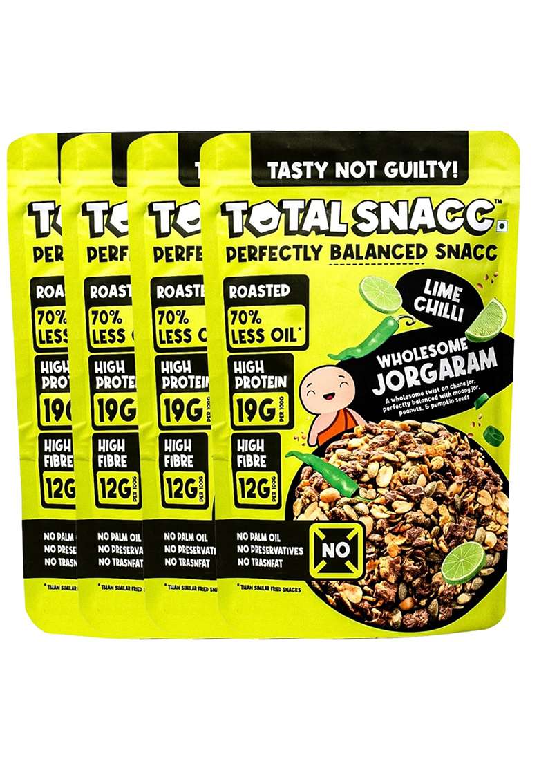 Total Snacc Wholesome Jorgaram Lime Chilli (125g x 4 Packs) | High Protein 19g | High Fibre 12g | Roasted Not Fried | 70% Less Oil | No Palm Oil | Baked Namkeen Mix | Healthy Snacks | No Preservatives | Zero Cholestrol | Diabetic Friendly | a mix of chana - Indya