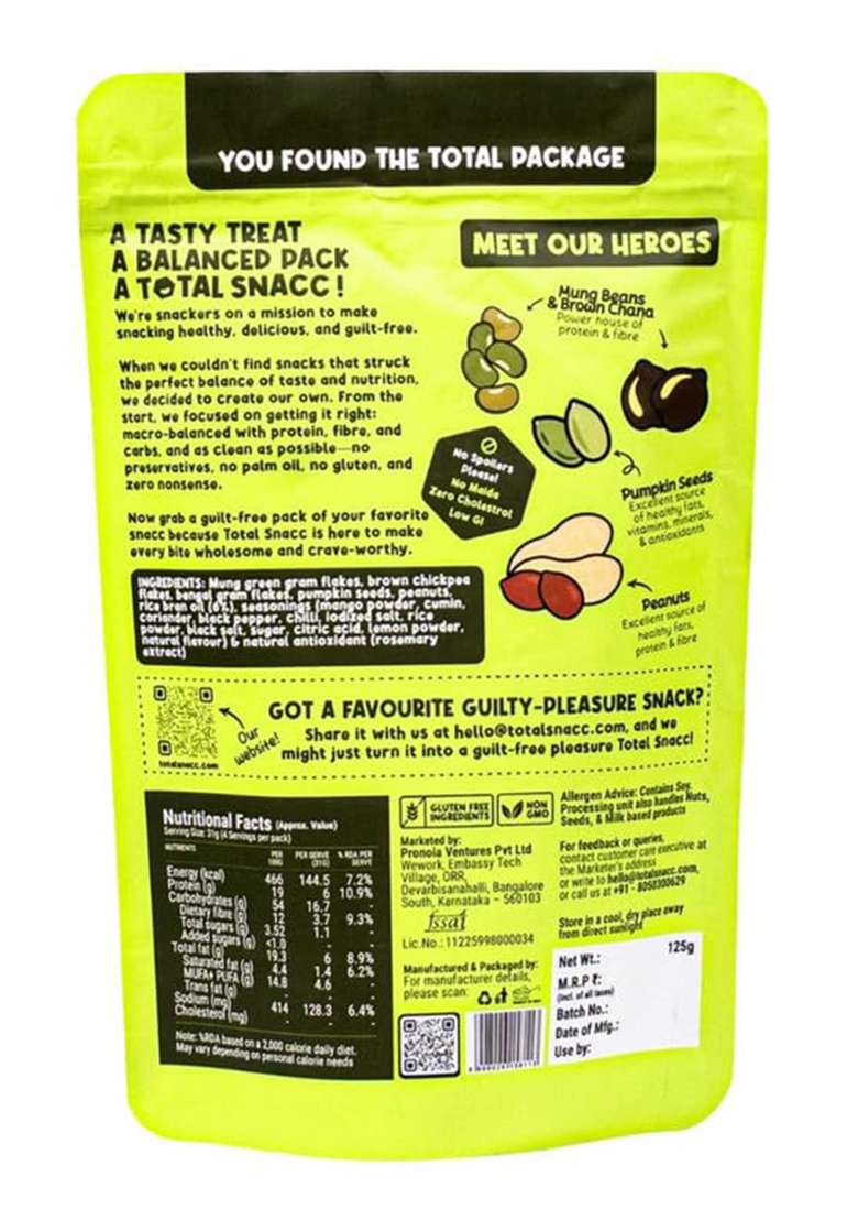 Total Snacc Wholesome Jorgaram Lime Chilli (125g x 4 Packs) | High Protein 19g | High Fibre 12g | Roasted Not Fried | 70% Less Oil | No Palm Oil | Baked Namkeen Mix | Healthy Snacks | No Preservatives | Zero Cholestrol | Diabetic Friendly | a mix of chana - Indya