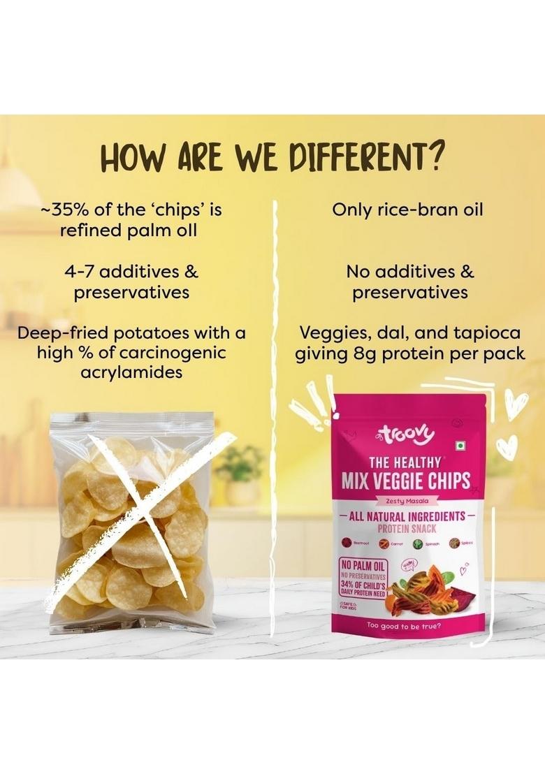 Troovy Healthy Masala Vegetable Chips | Tasty & High Protein Snacks | 30% Of Protein Needs | No Palm Oil, Cholesterol or Trans Fats | No Junk & Chemicals | 70g (Pack of 6)