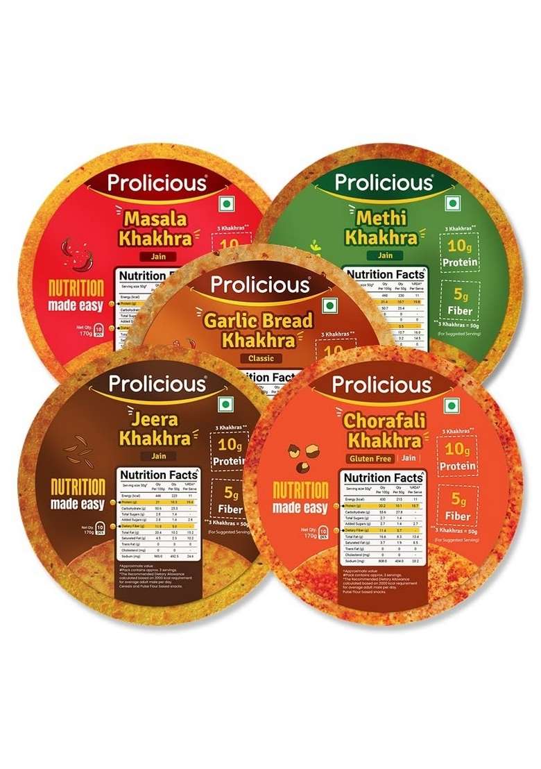 Prolicious High Protein & High Fiber Khakhra Combo | No Maida | No Palm Oil | Natural Protein | Plant Based (170 grams each, Pack of 4) - Indya