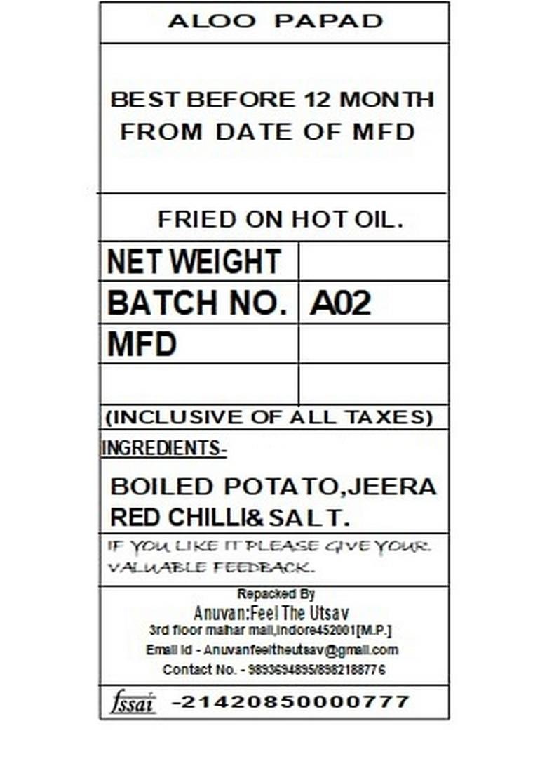 Anuvan Feel The Utsav AnuvanÂ®Feel The Utsav Aloo Papad-Falhari Potato Papad Ready to Fry1000 GM-_à¤†à¤²à¥‚ à¤ªà¤¾à¤ªà¥œ -1000