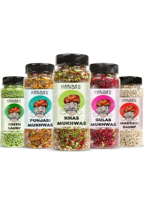 ‎Haribas HARIBAS Mukhwas Mouth Freshener PACK OF 5 with sauf mouth freshener, Green Saunf 180G, Punjabi 200GM, Khas Chandan 180G, Gulab 200 Gram and Madrasi white saunf 150G Bottle
