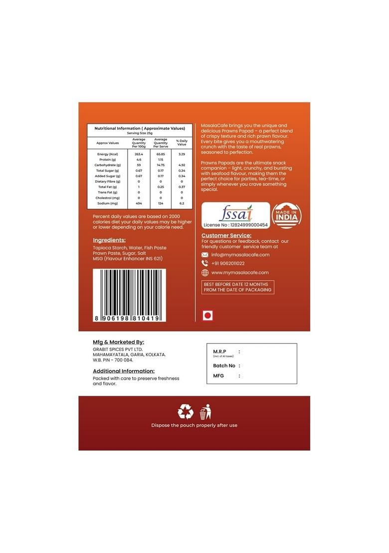 Masala Cafe Prawns Papad | Fish Sea Food Taste Of India 100% Natural Homemade Indian Snack (250G)