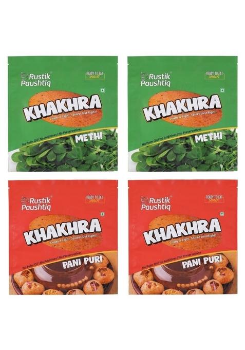 Rustik Paushtiq Paushtik Baked Khakra Combo Ï¿½2 Panipuri & 2 Methi Flavors | 200G Each, Total 800G Healthy Indian Snacks Low Cal, High Fiber, No Palm Oil Gluten-Free, Crunchy Tea Snack, Ready To Eat