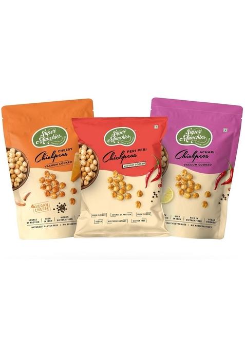 Super Munchies Crunchy Chickpeas | Spicy Snack Source Of Protein, High In Iron And Fiber Vegan, Gluten Free, No Palm Oil, Preservatives, Artificial Colors, Zero Cholesterol, Trans Fat Free (Pack 3, Mix)