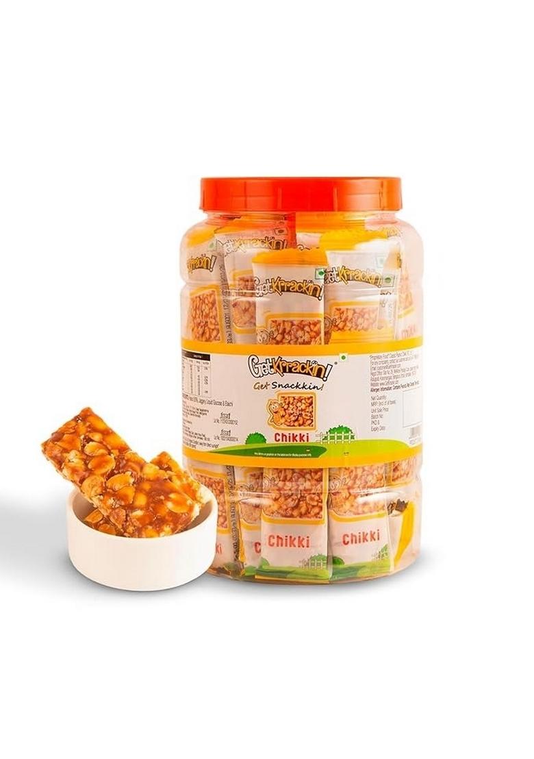 Getkrrackin! Peanut Chikki Jar | Pack Of 60 Pcs (15 Gram Each) Crushed Gajak With Jaggery Crunchy Gazak Gud Patti Kadalai Mittai Indian Sweets & Snacks No Added Colors Or Preservatives