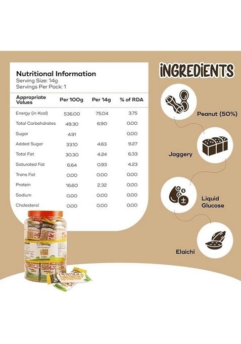 Getkrrackin! Peanut Chikki Jar | Pack Of 60 Pcs (15 Gram Each) Crushed Gajak With Jaggery Crunchy Gazak Gud Patti Kadalai Mittai Indian Sweets & Snacks No Added Colors Or Preservatives