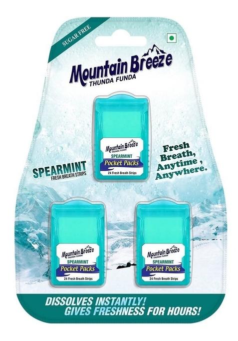 Mountain Breeze Sugar-Free Spearmint Breath Strips - Instant Freshness, 24 Per Cassette (Pack Of 3), Oral Hygiene Mouth Freshener, 50 Grams New