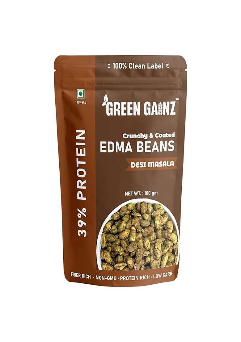 Green Gainz Roasted Edamame New Desi Masala Flavour | Healthy Namkeen Snacks Protein Rich High Clean Label No Palm Oil (Pack Of 1-100Gm Each) - Indya