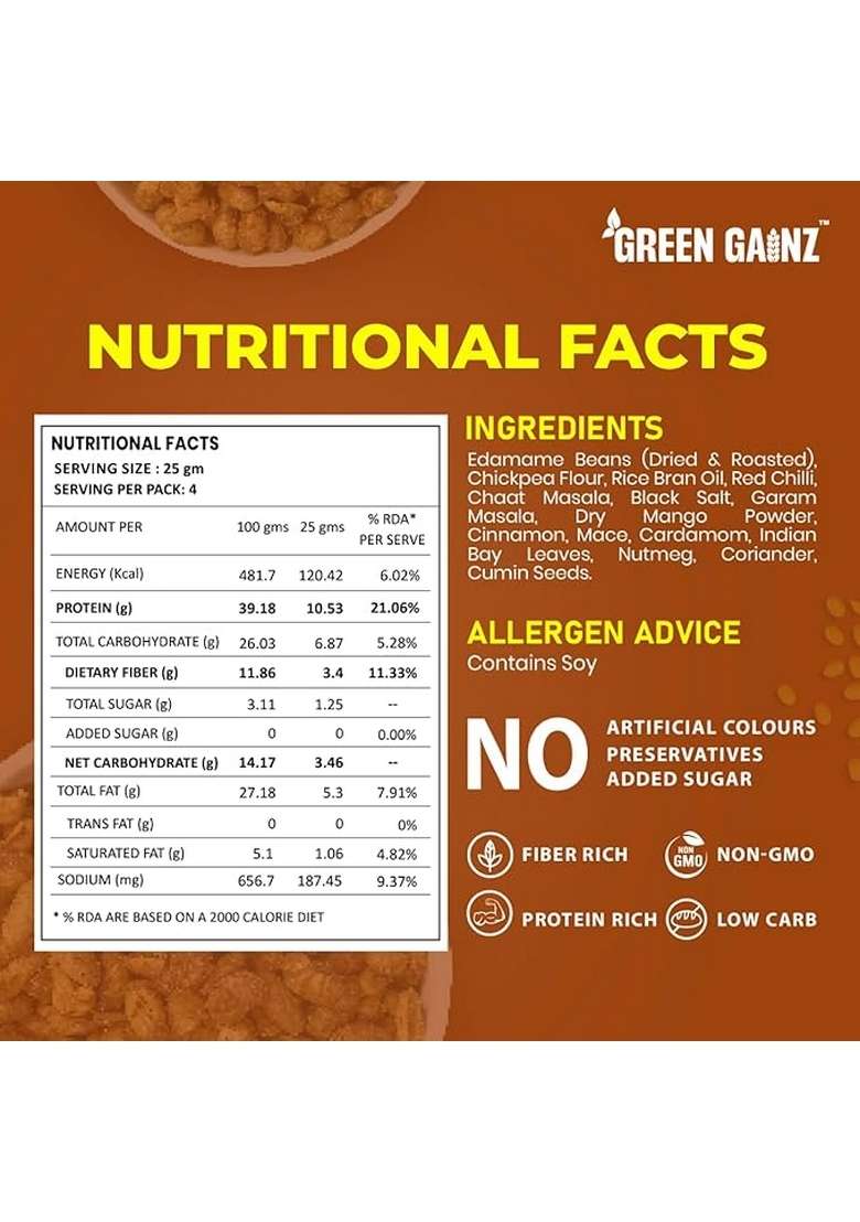 Green Gainz Roasted Edamame New Desi Masala Flavour | Healthy Namkeen Snacks Protein Rich High Clean Label No Palm Oil (Pack Of 1-100Gm Each) - Indya