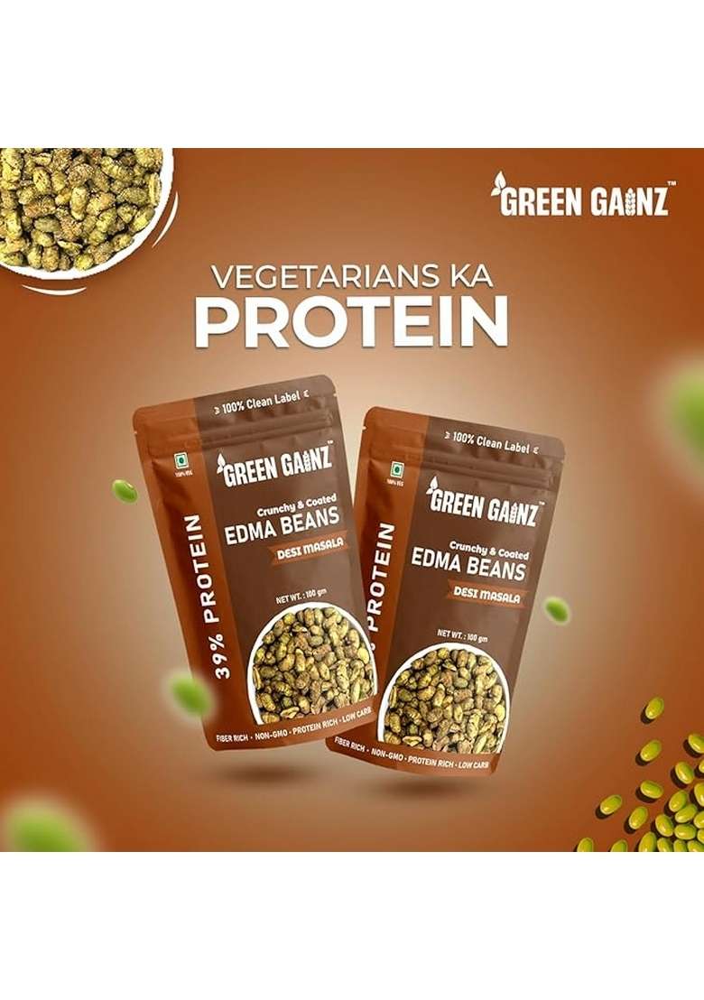 Green Gainz Roasted Edamame New Desi Masala Flavour | Healthy Namkeen Snacks Protein Rich High Clean Label No Palm Oil (Pack Of 1-100Gm Each) - Indya