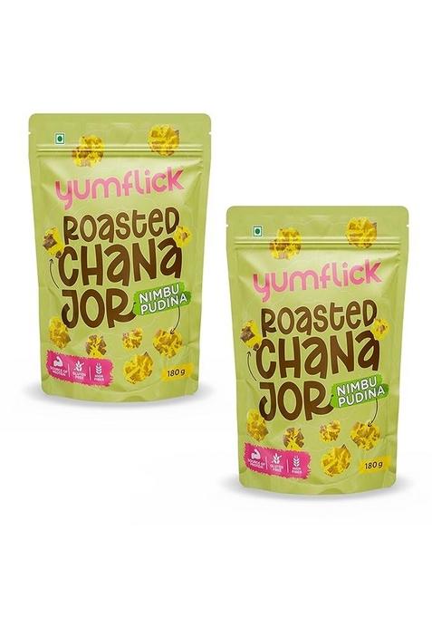 Yumflick Roasted Chana Jor Nimbu Pudina Flavour | Pack Of 2 X 180G High Protein & Fibre Not Fried Gluten-Free No Msg Palm Oil Zero Cholesterol Tangy Spicy Anytime Snack