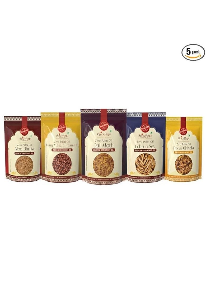 Spiceraga Aloo Bhujia, Hing Masala Peanuts, Dalmoth, Lehsun Sev, Poha Chivda | Made With Pure Groundnut Oil | No Palm Oil | No Trans Fat | Indian Snacks Combo | Pack of 5