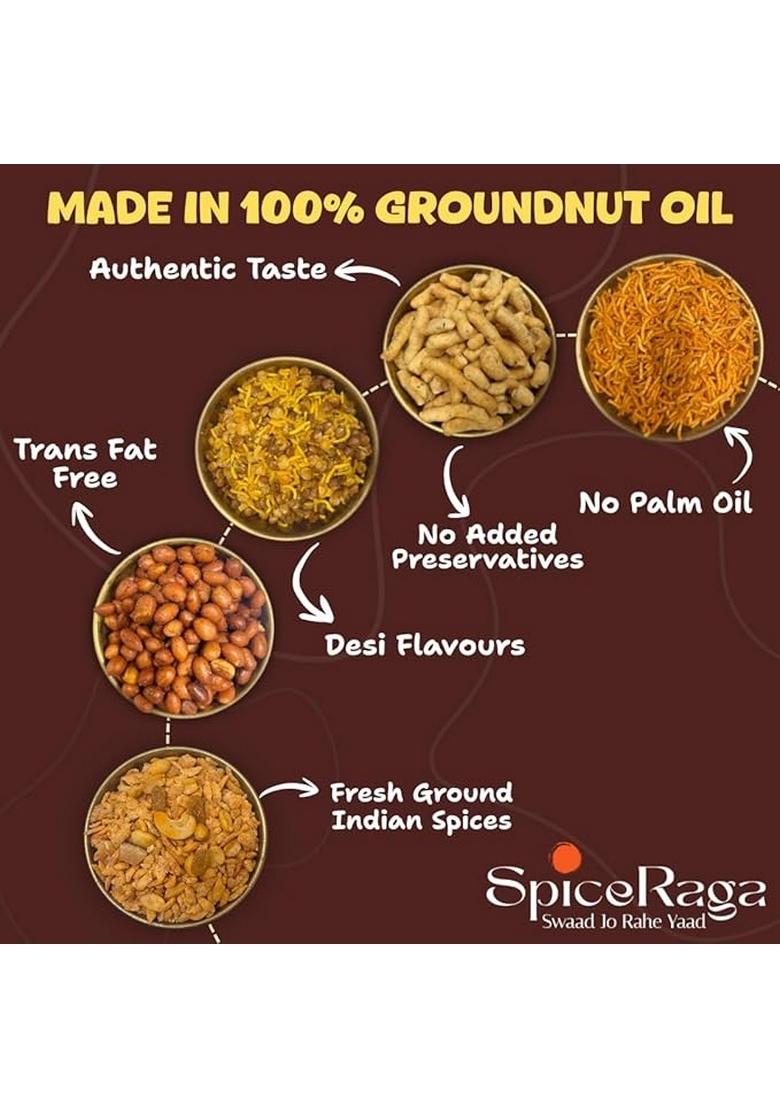 Spiceraga Aloo Bhujia, Hing Masala Peanuts, Dalmoth, Lehsun Sev, Poha Chivda | Made With Pure Groundnut Oil | No Palm Oil | No Trans Fat | Indian Snacks Combo | Pack of 5