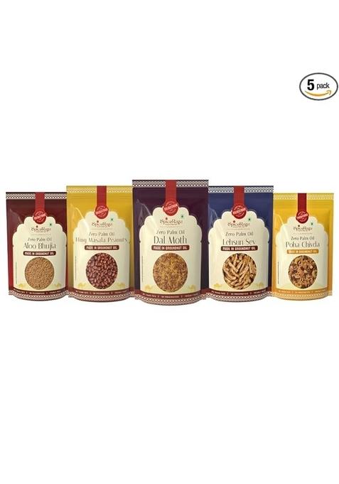 Spiceraga Aloo Bhujia, Hing Masala Peanuts, Dalmoth, Lehsun Sev, Poha Chivda | Made With Pure Groundnut Oil | No Palm Oil | No Trans Fat | Indian Snacks Combo | Pack of 5