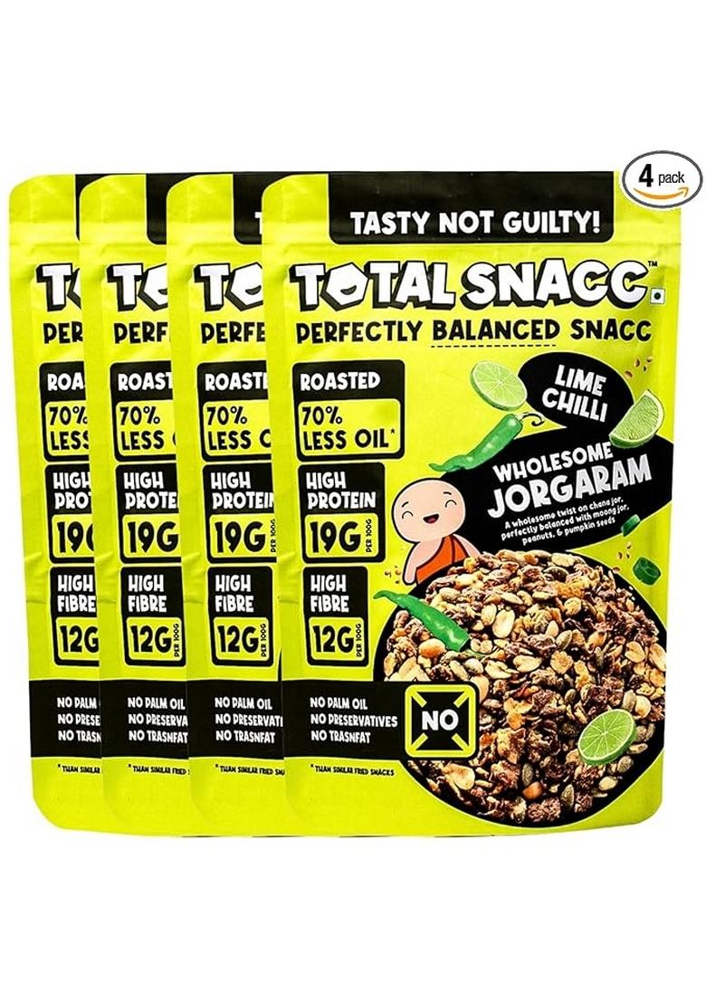 Total Snacc Wholesome Jorgaram Lime Chilli (125g x 4 Packs) | High Protein 19g | High Fibre 12g | Roasted Not Fried | 70% Less Oil | No Palm Oil | Baked Namkeen Mix | Healthy Snacks | No Preservatives | Zero Cholestrol | Diabetic Friendly | a mix of chana
