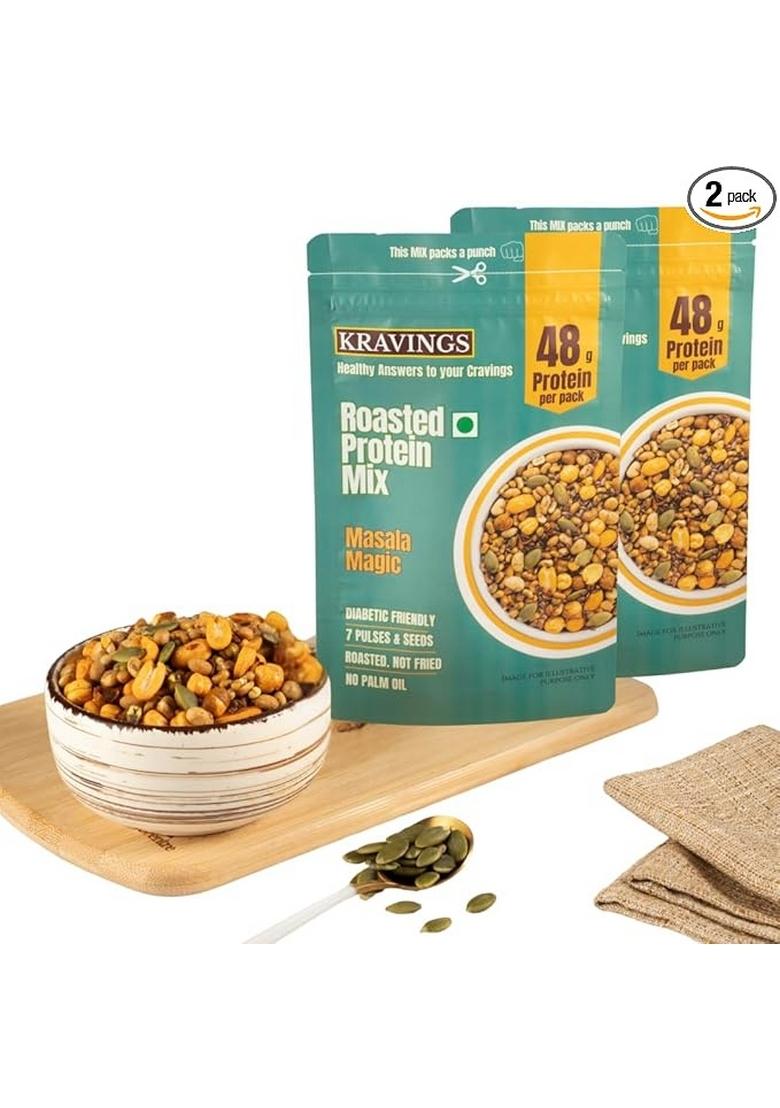 Kravings Roasted Protein Mix Namkeen â€“ 48g Protein per 200g pack (Pack of 2) Delicious Masala Flavor Diabetic-Friendly Snack with 7 Pulses & Seeds High-Protein, Healthy Mix