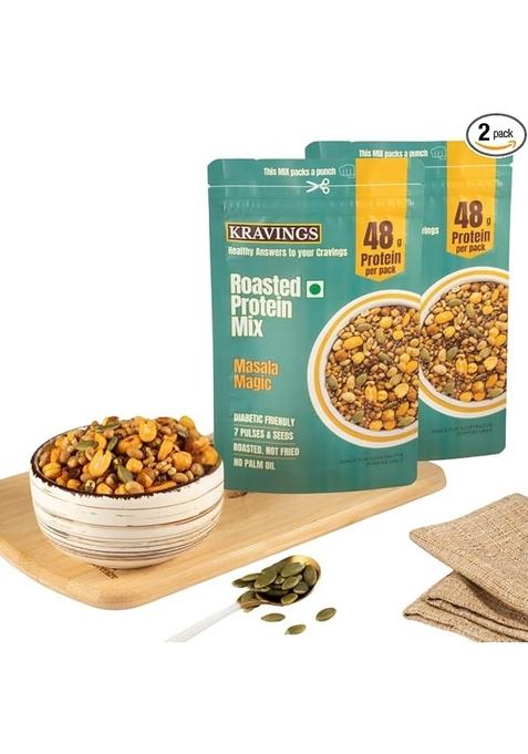 Kravings Roasted Protein Mix Namkeen â€“ 48g Protein per 200g pack (Pack of 2) Delicious Masala Flavor Diabetic-Friendly Snack with 7 Pulses & Seeds High-Protein, Healthy Mix