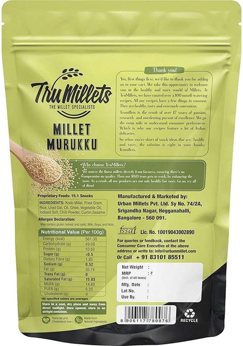 Trumillets Khara Ghee Muruku snack 125grm,Made Of Kodo Millet A nutrient-dense grain No Maida,No Preservatives,High In Protein,Fibre,Iron & Calcium,Chakli,Crispy & Crunchy Tea-Time Snack, No Palm Oil, Cholesterol or Trans Fats | No Junk & Chemical | Festi - Indya