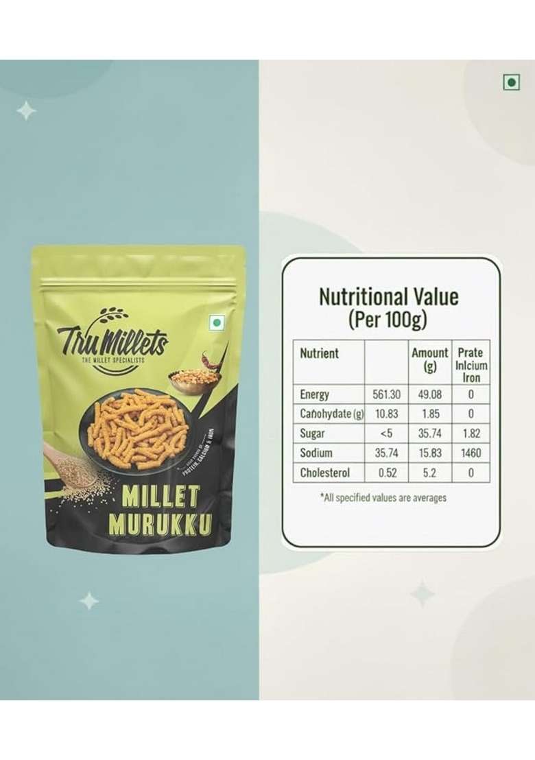 Trumillets Khara Ghee Muruku snack 125grm,Made Of Kodo Millet A nutrient-dense grain No Maida,No Preservatives,High In Protein,Fibre,Iron & Calcium,Chakli,Crispy & Crunchy Tea-Time Snack, No Palm Oil, Cholesterol or Trans Fats | No Junk & Chemical | Festi - Indya