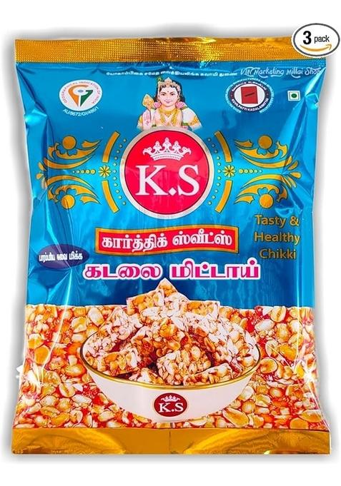K.S Kovilpatti Special Kadalai Mittai (Peanut Chikki Candy) - Burfi - Pack of 3 x 250gm (750 GM)