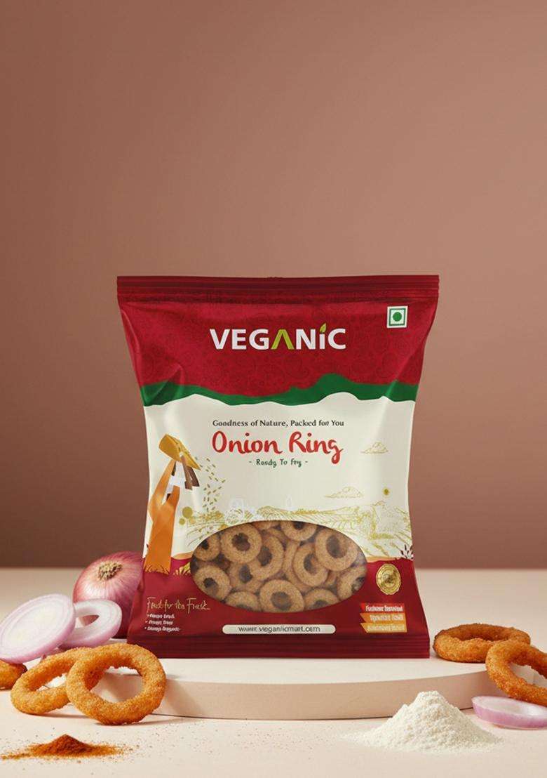 Veganic Crunchy Onion Rings Fryums Papad with Tastemaker - 400gm | Healthy Snacks | Fry Or Microwave | Lord of The Ring Shape - Indya