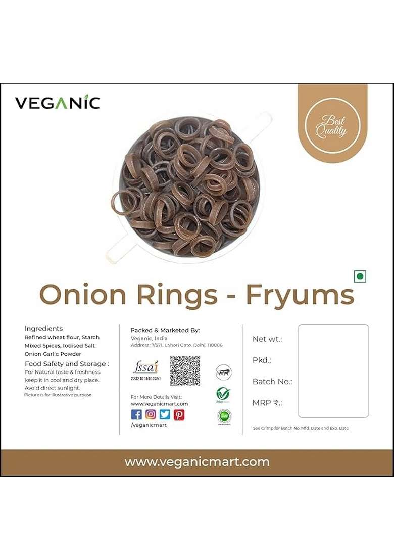 Veganic Crunchy Onion Rings Fryums Papad with Tastemaker - 400gm | Healthy Snacks | Fry Or Microwave | Lord of The Ring Shape - Indya