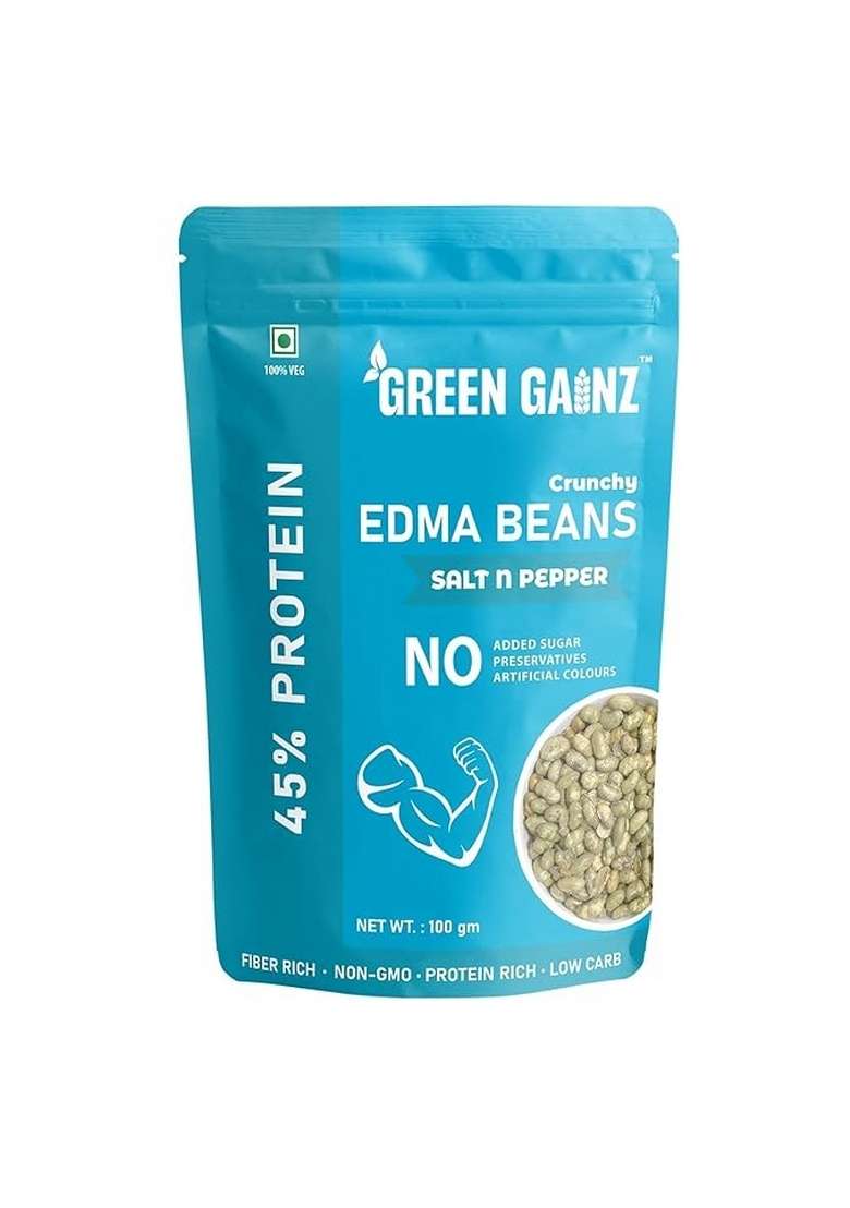 Green Gainz Roasted Edamame Salt n Pepper Flavour 100gm | Healthy Namkeen Snacks | Vegan | High Protein Snack | Weight Loss Friendly | No Palm Oil | Roasted, Not Fried - Indya