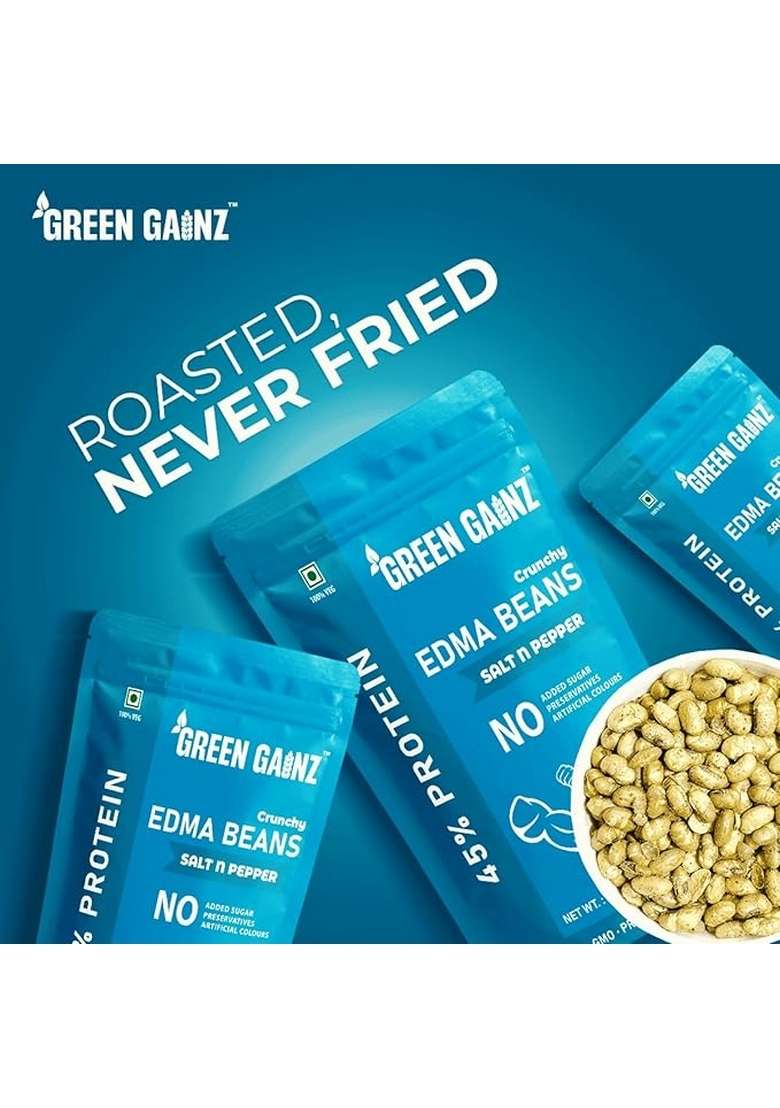 Green Gainz Roasted Edamame Salt n Pepper Flavour 100gm | Healthy Namkeen Snacks | Vegan | High Protein Snack | Weight Loss Friendly | No Palm Oil | Roasted, Not Fried - Indya