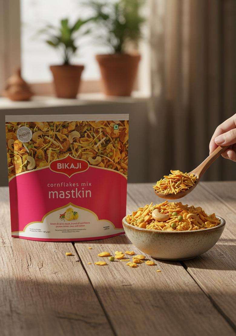 Bikaji Cornflakes Mix Mastkin with cashew crunchy fried potato sticks almond and raisins snack mixture 350 grm (pack of 1pcs) 100% veg product - Indya